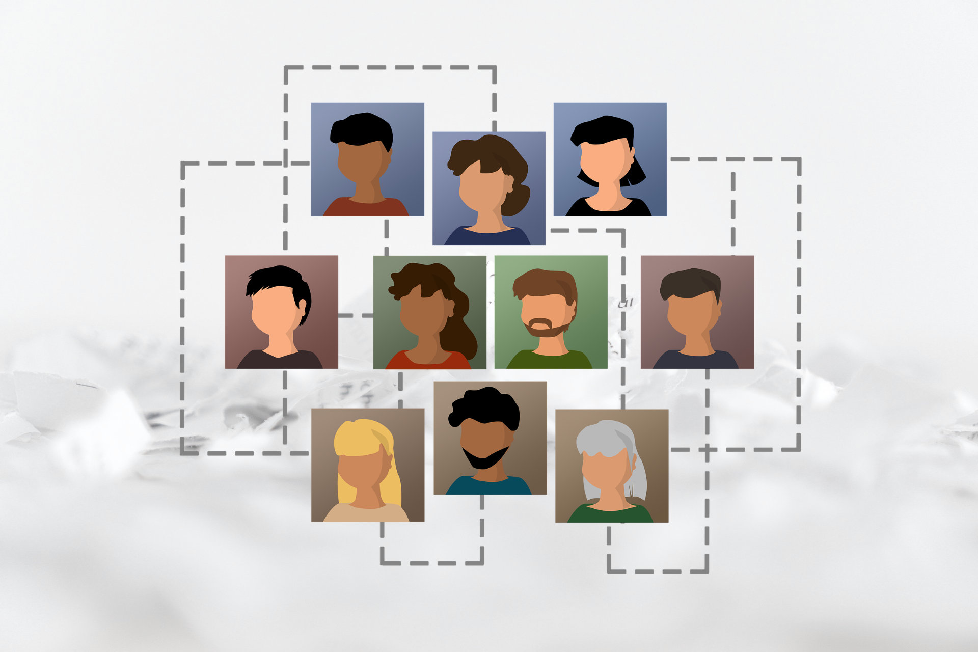 Das Bild zeigt ein Organigram, das die schemenhaften und skizzierten Profilbilder verschiedener Personen mit gestrichelten Linien in Verbindung setzt verbindet. Der Hintergrund ist fast vollständig mit einem Weichzeichnungsfilter überlagert, sodass er als weiße Fläche mit Schattierungen erscheint.