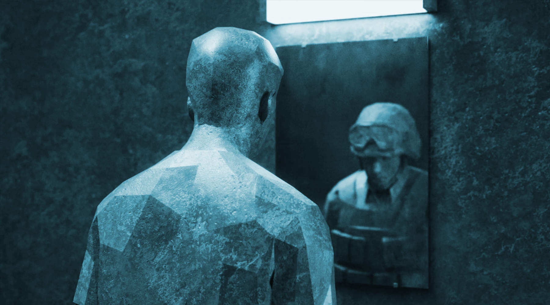 Ein Mann steht vor einem Spiegel und sieht sich darin als Soldat. - #UnsichtbaresLeid