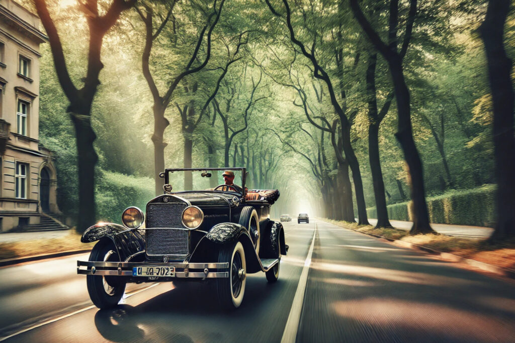 Das Bild zeigt einen Oldtimer, der eine Allee entlang fährt