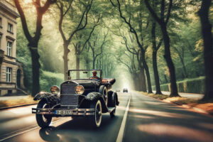 Das Bild zeigt einen Oldtimer, der eine Allee entlang fährt