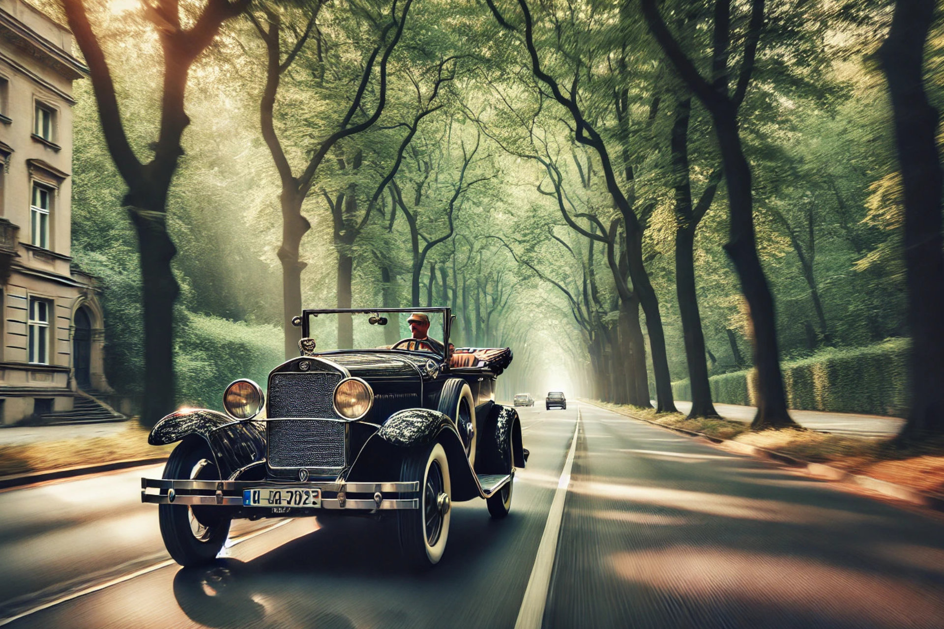 Das Bild zeigt einen Oldtimer, der eine Allee entlang fährt