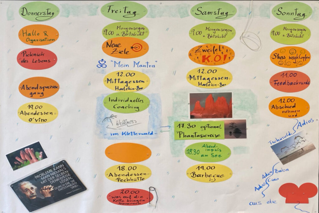 Auf einem Whiteboard ist der Plan für die Veranstaltung mit verschiedenfarbigen Zetteln angeheftet.