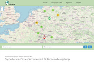 Der Screenshot besteht aus mehreren horizontalen Bereichen. Im ersten Bereich wird das Hauptmenü der Webdseite angezeigt. Im zweiten Bereich folgt eine Karte, auf der verschiedene Markierungen zu sehen sehen. Unter der Karte befinden sich Eingabefelder, um direkt nach Einträgen in der Datenbank suchen zu können.