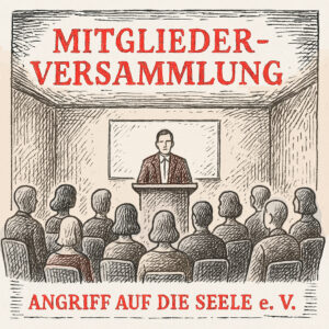 Die Zeichnung ist mit dem Wort Mitgliederversammlung überschrieben. In der Mitte des Bildes sieht man eine Person an einem Rednerpult stehen, während andere darum herum sitzen und zuhören. Unter der Zeichnung steht der Name des Vereins Angriff auf die Seele e. V.l