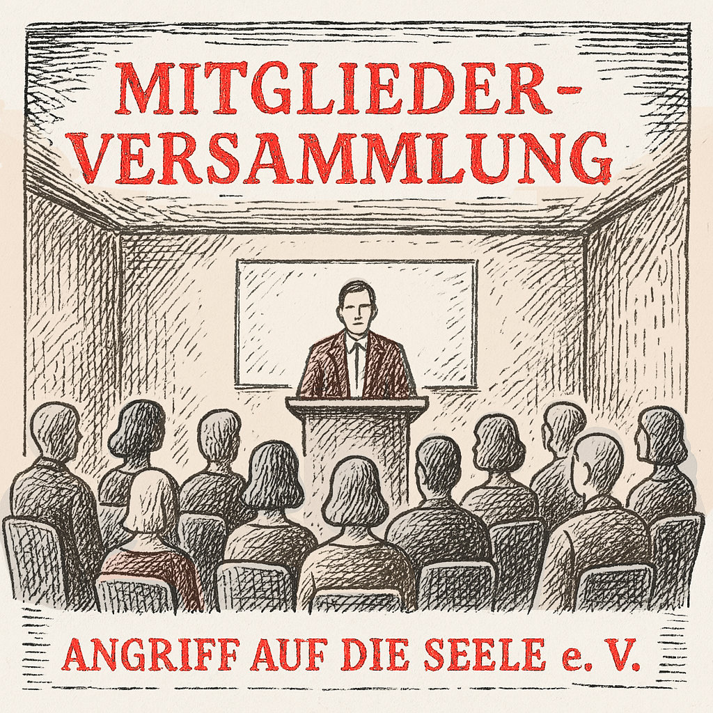 Die Zeichnung ist mit dem Wort Mitgliederversammlung überschrieben. In der Mitte des Bildes sieht man eine Person an einem Rednerpult stehen, während andere darum herum sitzen und zuhören. Unter der Zeichnung steht der Name des Vereins Angriff auf die Seele e. V.l