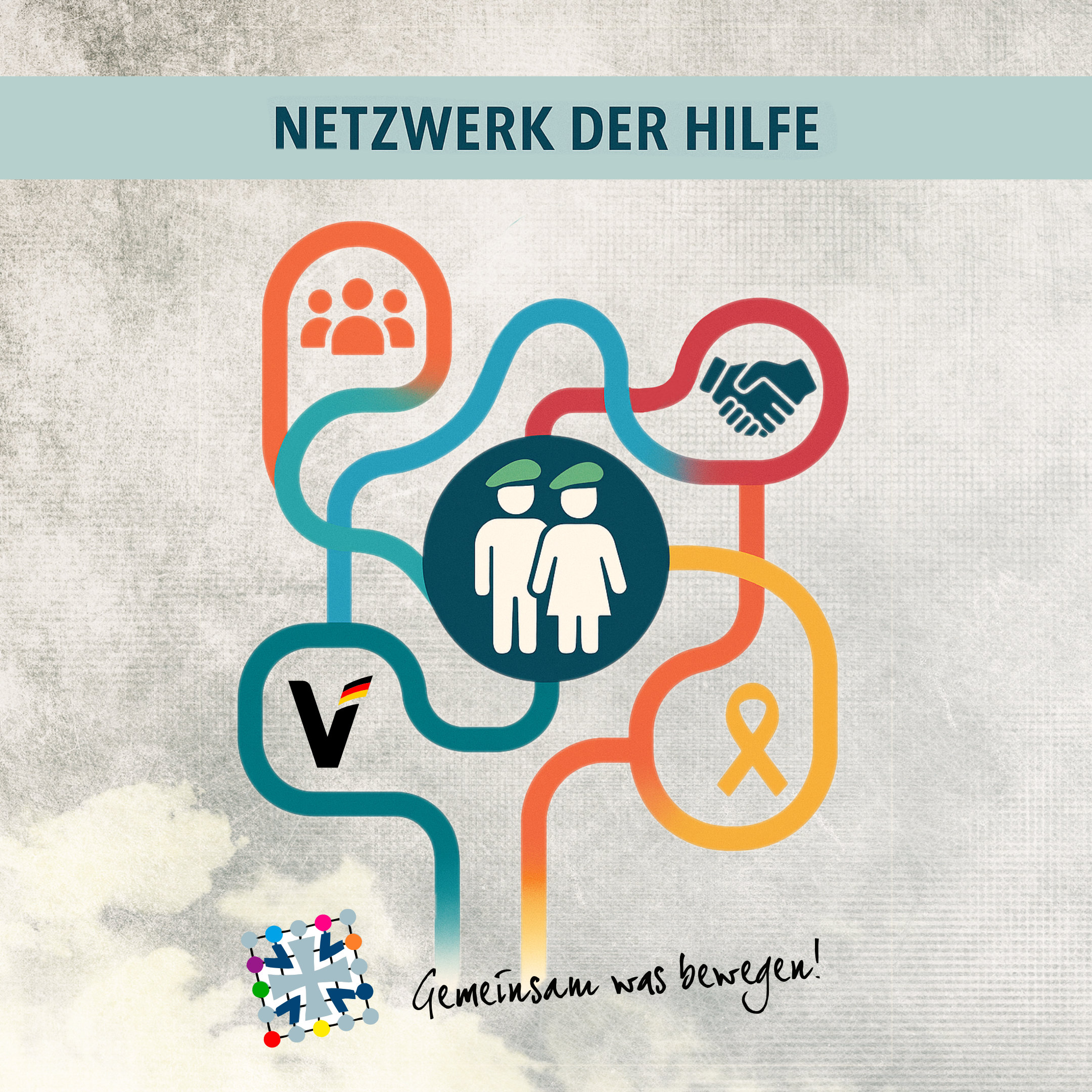 Ein Infografik-Poster mit dem Titel „Netzwerk der Hilfe“ zeigt verschiedene Symbole, die miteinander verbunden sind und eine Botschaft der Zusammenarbeit vermitteln. Die Komposition ist kreisförmig und besteht aus bunten Linien, die verschiedene Symbole miteinander verbinden. Die Symbole stehen für verschiedene Aspekte der Hilfe, wie z. B. Gruppen von Menschen, Händeschütteln, ein Paar in Uniformen und ein Symbol, das Gemeinschaft impliziert. Der Text „Gemeinsam was bewegen!“ ist darunter platziert. Das Design ist klar und einfach, was die Botschaften der Zusammenarbeit und der Unterstützung effektiv vermittelt. Die primären Motive sind die verschiedenen Symbole, die die Idee der Unterstützung und des Netzwerks darstellen. Die Symbole sind in einem modernen Stil gestaltet, mit klaren Linien und auffälligen Farben.