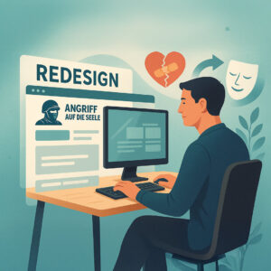 Eine Person sitzt an einem Schreibtisch vor einem Computer und nimmt veränderungen an einer Webseite vor. Re-Design ist in großen Lettern im Hintergrund zu lesen.