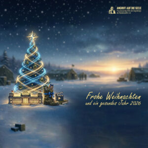 Das Bild zeigt eine stimmungsvolle, weihnachtliche Szenerie. Schnee fällt aus den Wolken auf ein aus Zelten bestehendes Camp. Im Fokus steht ein Weihnachtsbaum mit blauen und goldenen Lichterketten. Rechts davon steht der Schriftzug "Frohe Weihnachten und ein gesundes neues Jahr 2026". Das Logo des Vereins befindet sich oben rechts in der Ecke.